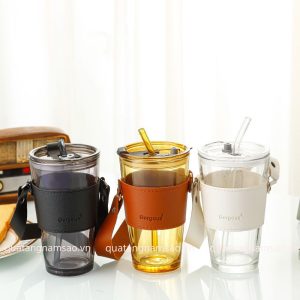Cốc Thủy Tinh In Logo Kèm Bao Da Và Ống Hút